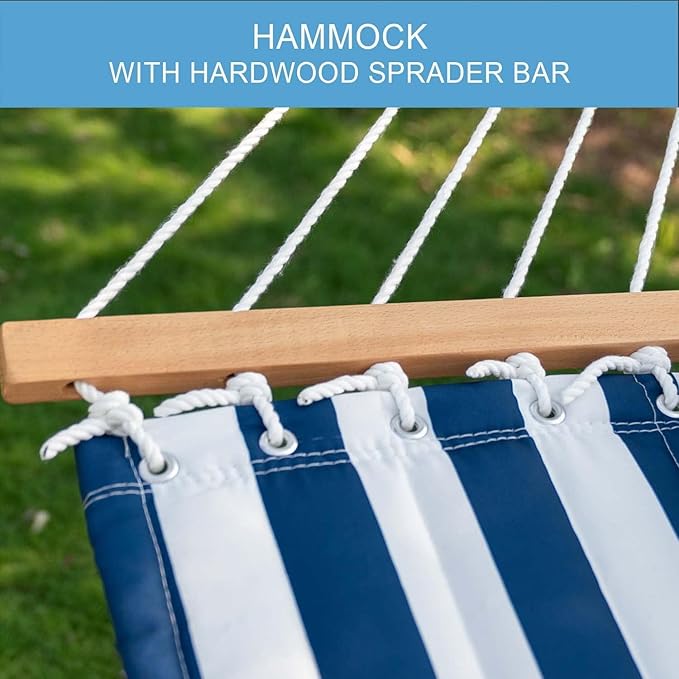 Lazy Daze Hammocks 12FT Quilted Fabric Double Hammock with Spreader Bars and Detachable Pillow 2 Person 450lbs Capacity Blue White