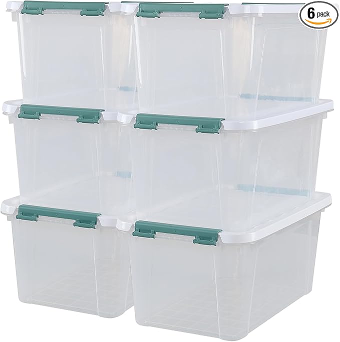 35 Quart Stackable Plastic Storage Latches Box Multi-Purpose Lidded Container for Clothes Craft Supplies &amp Christmas Decorations 6 Packs