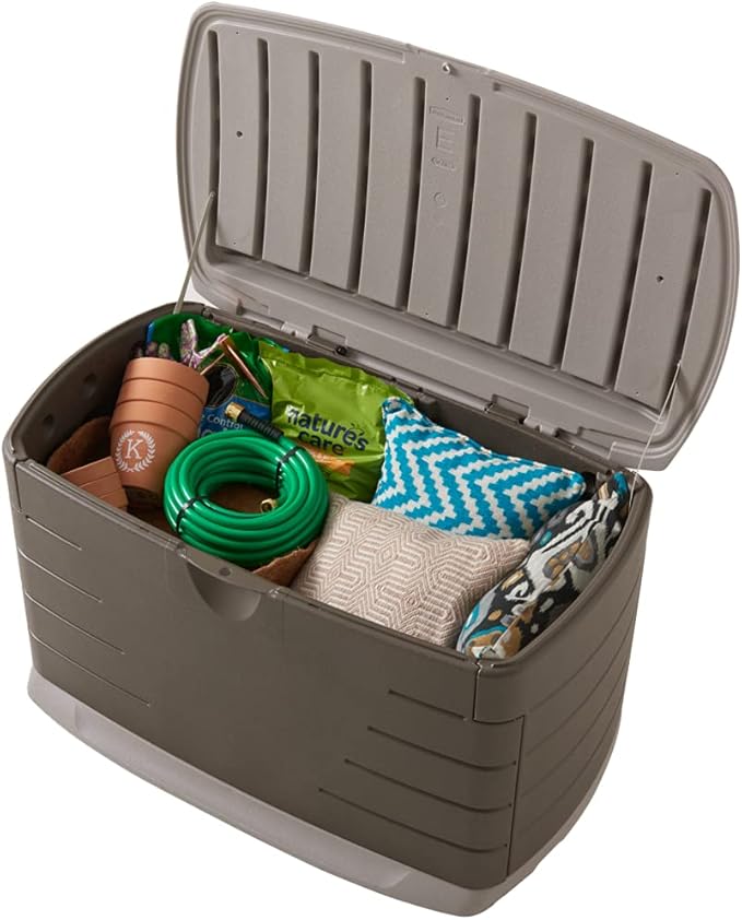 Rubbermaid Medium Resin Outdoor Storage Deck Box (73 Gal) Weather Resistant Brown Deck Organization for Home/Backyard/Pool Chemicals/Toys/Garden Tools/Porch/Patio Cushions