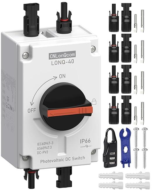 CNLONQ Solar PV Disconnect Switch 32 Amp DC1500V Rapid Shutoff Isolator Switch 1in 1out with Plug &amp Play Connector and IP66 Waterproof for Rooftop Solar Home Systems RVs and Boats