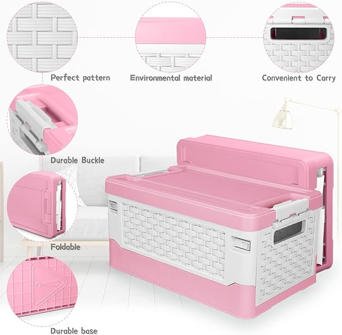 TOPCJ Foldable Storage Bins with LidsCloset OrganizerStackable Plastic Storage Containers with Secure Latching BucklesPerfect Storge Box Organization for Homehome Office(Pink)