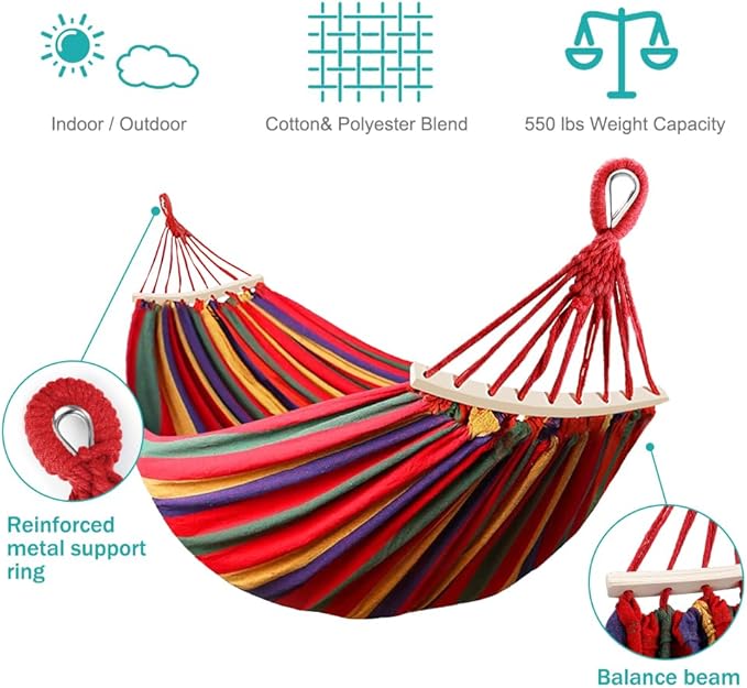 MOSFiATA Hammocks Portable Camping Hammock Upgraded 550lb Comfortable Fabric Hammock with Two Anti Roll Balance Beam and Sturdy Tree Straps for Camping Patio Backyard Outdoor