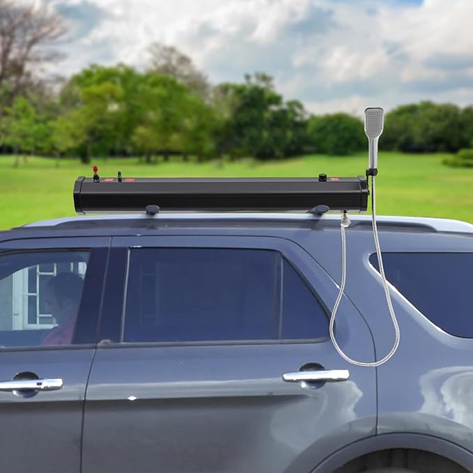 TFCFL 7.93 Gallon Roof Rack Mount Road Shower High Pressure Outdoor Camping Shower with Long Hose Portable Camping Solar Shower for Camping Hiking Beach Pet &amp Gear Cleaning Black