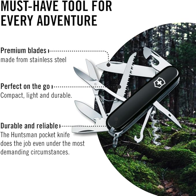 Victorinox Huntsman Swiss Army Knife 15 Functions Swiss Made Pocket Knife with Large Blade Screwdriver Scissors and Wood Saw - Black