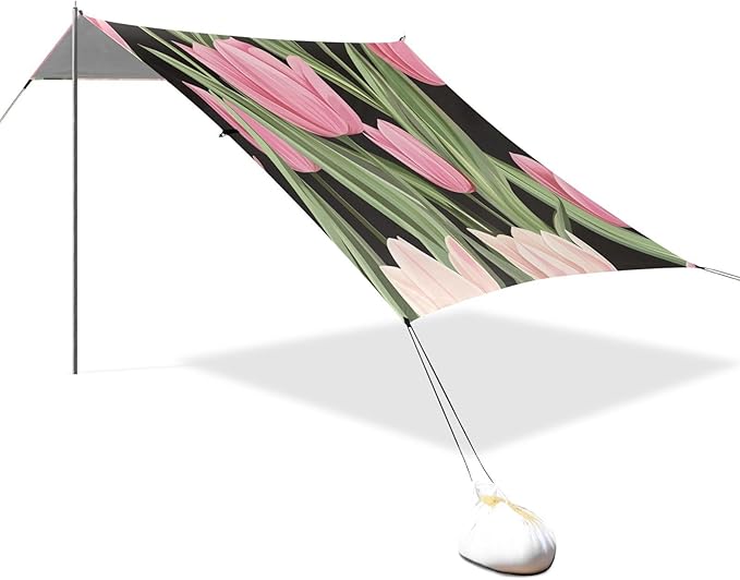 ALAZA Pink Tulips on Black Beach Tent Sun Shelter Portable Canopy Sunshade for Outdoor Camping Picnics Backyard Fun 10x9 ft