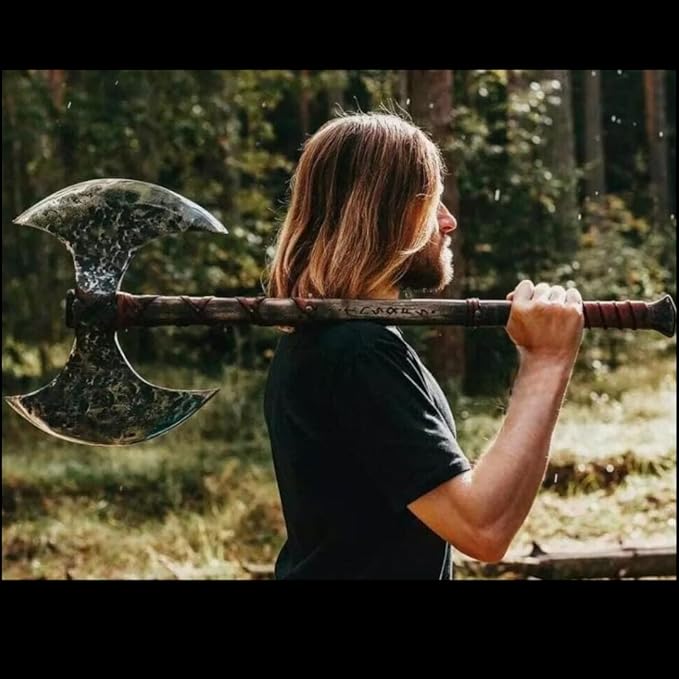 QC® Double Headed Carbon Steel Viking Bearded Axe with Wooden Handle - Scandinavian Style Axe Norse Axe Seax (DHA2)