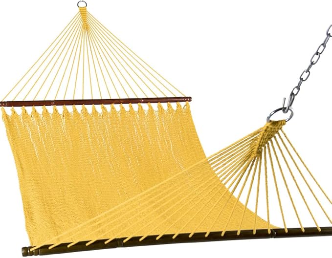 Lazy Daze Hammocks 10.5 FT Double 2 Person Caribbean Rope Hammock Hand Woven Polyester Hammock with Spreader Bars for Outside Outdoor Backyard Patio Poolside 450 LBS Capacity Yellow