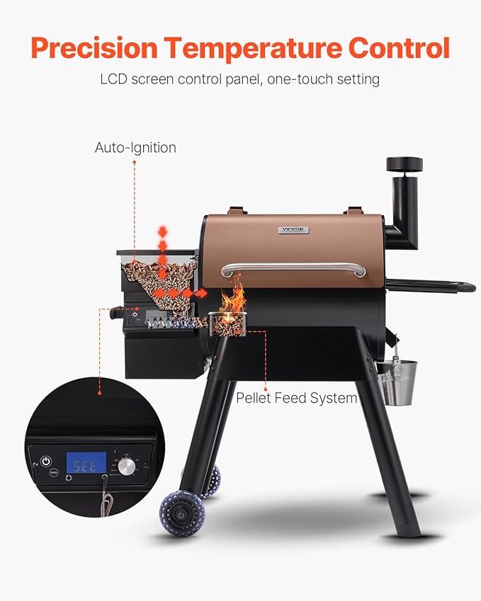 VEVOR Wood Pellet Grill Smoker 8 in 1 BBQ Grills for Outdoor Cooking 575 Square Inches Cook Area Electric Grill and Smoker with LCD Screen Controller Meat Probe 500°F Max Temperature Black