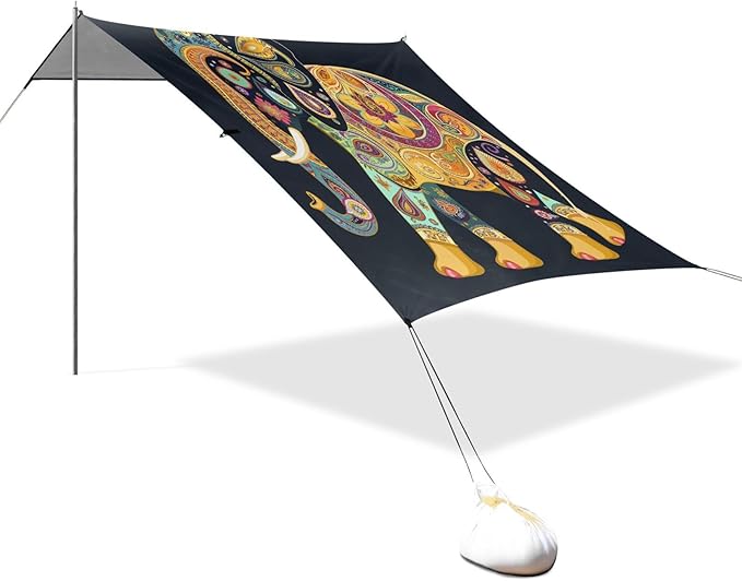 ALAZA Yellow Elephant Paisley Beach Tent Sun Shelter UPF50+ Protection Beach Shade Canopy w/ 4 Sandbags for Outdoor Camping Fishing Backyard Fun Picnic 10x9 ft