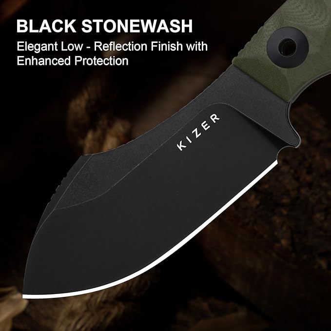 Kizer Rook Fixed Blade Knife 3.11 Nessmuk-style D2 Blade Hunting Knives with Olive Green G10 Handle Bushcraft Knife with Sheath &amp TekLok for Camping Hunting Survival 1090M1