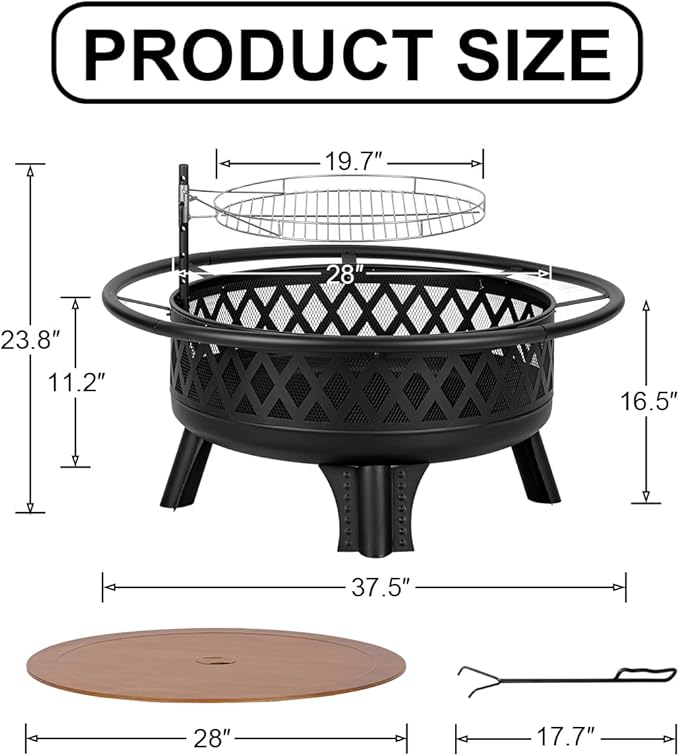 Panovue 38 Inch Wood Burning Fire Pit for Outside Round Firepit with Grill &amp Metal Lid Metal Outdoor Fire Pit Table for Patio Backyard Garden Bonfire Party