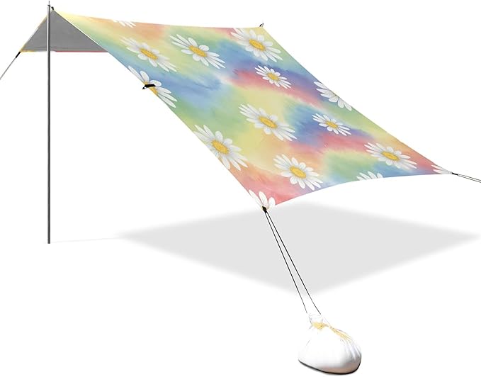 Daisy Beach Canopy Sun Shelter with Sandbags &amp Sand Shovel &amp Windproof Ropes - Portable 110x126 Beach Shade Beach Tent for Camping Picnics