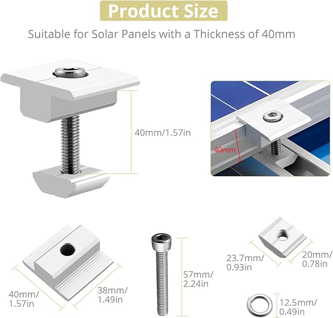 Anbte 10pcs Solar Panels Centre Clamps Aluminium T-Shaped Mid Clamps Include 10 Screws M8 Solar Panel Mounting Brackets for Metal Roof Tin Roof Sheet Roof and Any Other Flat Roof 40mm