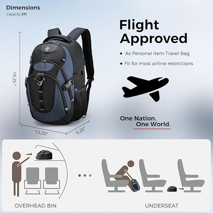 Swissdigital Design Laptop Backpack with USB Charging Port Travel Backpack Fits 15.6 inches Computer 31L College School Backpack for Men Haze Blue/Black | SD803-16