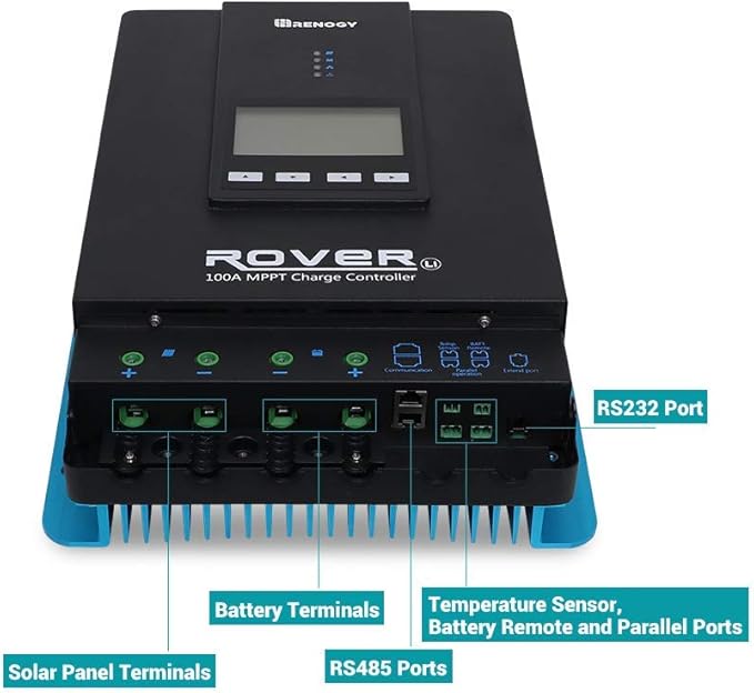 Rover 100A MPPT Solar Charge Controller - DC Input Solar Controller for RV/Marine Auto-Detect 12V/24V/36V/48V LCD Display Solar Regulator fit for Gel Sealed Flooded and Lithium Battery