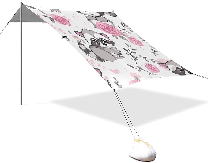 ALAZA Cute Cartoon Raccoons Rose Beach Tent Sun Shelter Portable Canopy Sunshade for Outdoor Camping Picnics Backyard Fun 10x9 ft