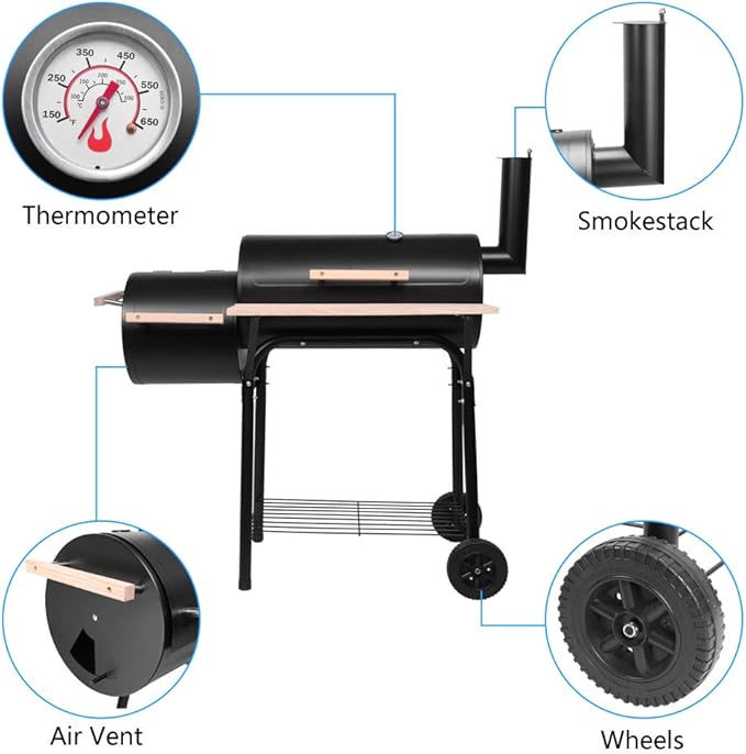 BBQ Charcoal GrillOutdoor Patio Barbecue Cooker with Offset SmokerTray &amp WheelsBarrel BBQ Grill for Outdoor Balcony PicnicsParty and Camping