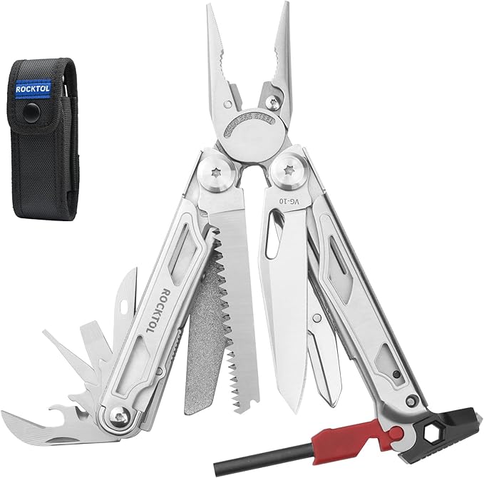 ROCKTOL Multitool SK04 VG-10 Blade 22-in-1 Multi-tool Pliers with Fire Starter Emergency Whistle Glass Breaker Safety Locking and Nylon Sheath for Survival Camping multi tool for men