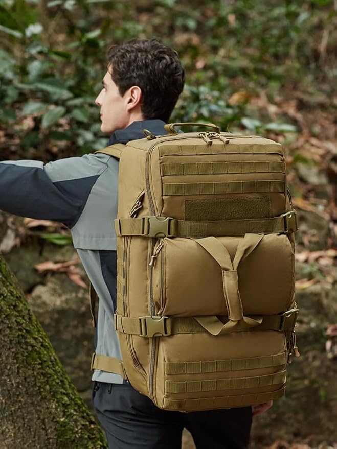 Tactical Duffel Backpack Military Waterproof handbags Large Capacity Mountaineering Luggage Hiking Camping Bag Outdoor (Brown 12.2 L x25.2 H x 10.3 W)