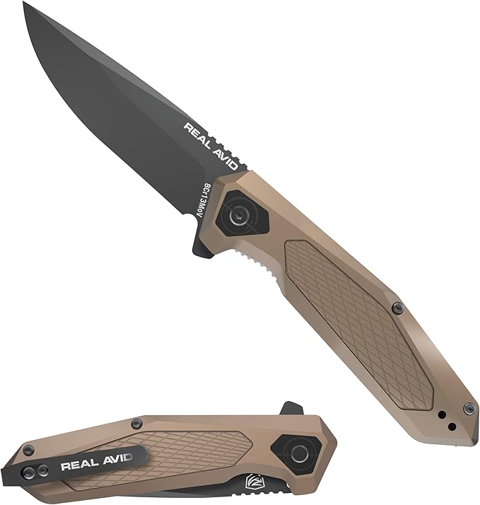 Real Avid RAV-3 EDC Knife | Pocket Knife 3.25 Drop Point Blade 8Cr13MoV Steel Durable Knife with Aluminum Handle + SS and Black Oxide Finish