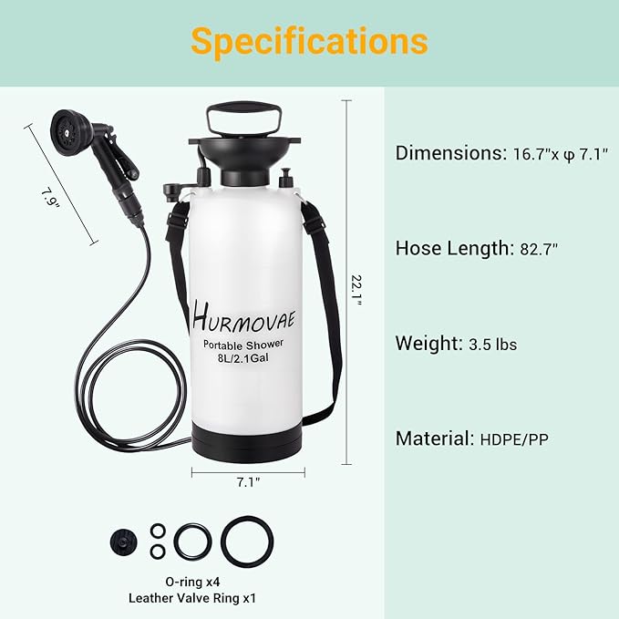 2.1 Gallon (8L) Portable Shower 10 Spray Modes Pressurized Beach Shower with Nylon Insulated Sleeve Camping Shower for Travel &amp Sand Rinse Surf Shower Portable Water Sprayer White