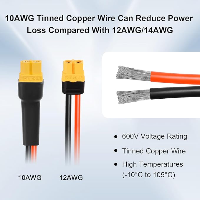 XRDS -RF Solar Connector to XT60 Cable 12FT 10AWG Solar to XT60 Female Extension Cable 600V Rated Power Cable for Solar Panels Batteries Power Stations – Heavy-Duty High Current Transfer