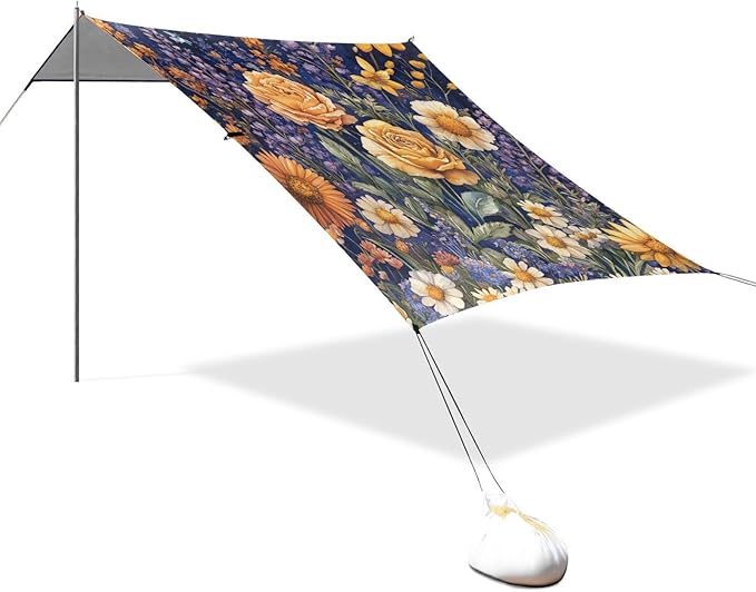 Autumn Flowers Rose Daffodil Butterflies Bees Royal Blue Beach Canopy UPF50+ Waterproof Large Sun Shelter with Sandbags Sand Shovel Poles for Family Trips Picnics &amp Camping