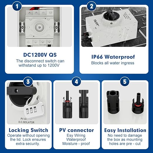 Isolator Switch Solar Disconnect Switch 32 Amp DC1200V with IP66 Waterproof Enclosure for Rooftop Solar Systems RVs and Boats
