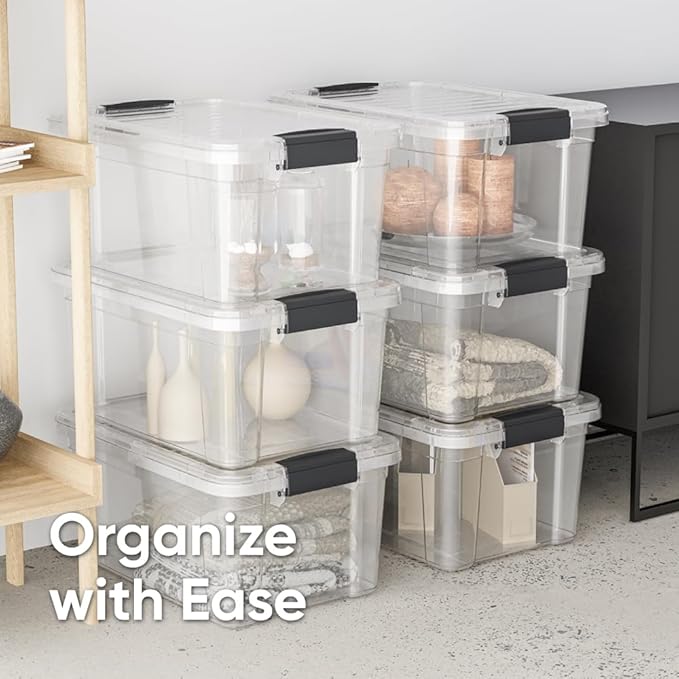 Superio Clear Storage Boxes with Lids 14.25 Quart Plastic Container Bins for Organizing Stackable Crates BPA Free Non Toxic Odor Free Organizers for Home Office and Dorm 4 Pack