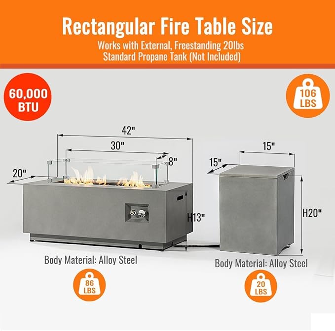42 Outdoor Propane Fire Pit Table for Patio - 50000 BTU Rectangular Gas Firepit Table Grey Commercial-Grade Fireplace with Wind GuardGrey.