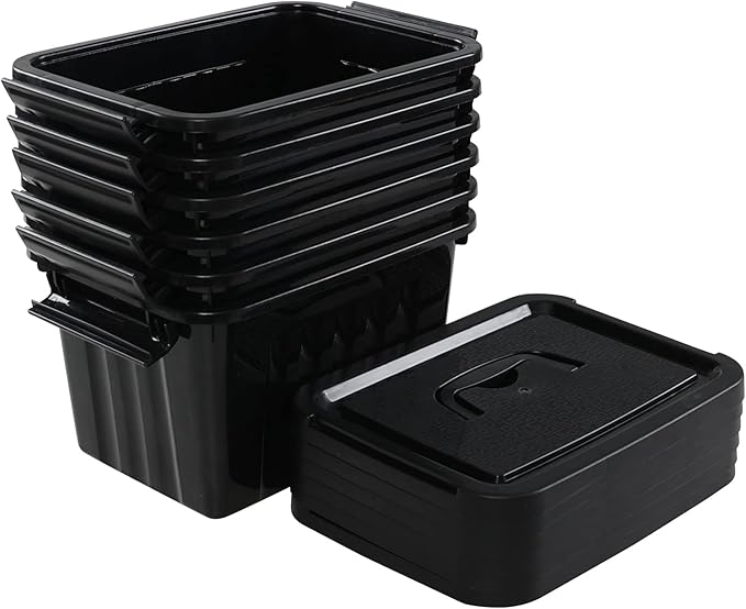 6L Plastic Storage Boxes 6 Pack Black Storage Bins with Lids