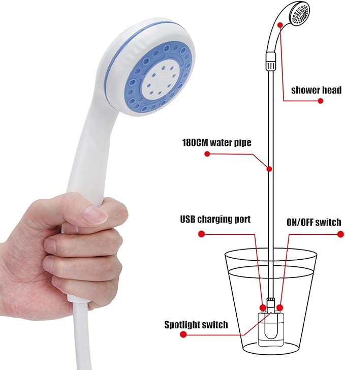 Portable Outdoor Shower Camping Pump Handheld Sprayer USB Charging for Hiking Traveling (Orange)