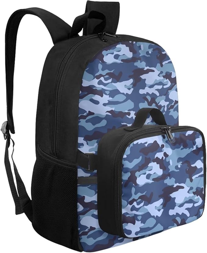 Blue Camo Backpack with Lunchbox Polyester Bookbag for Men Insulated Lunch Bag for Work Lightweight School Bag with Adjustable Shoulder Strap for Travel