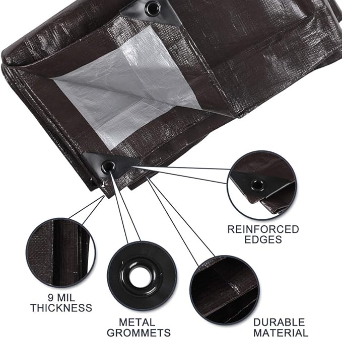 Outdoor Tarp Heavy Duty 9 Mil Multi-Purpose Waterproof Reinforced Rip-Stop Tarps with Grommets - 20 x 30 Feet Brown Sliver