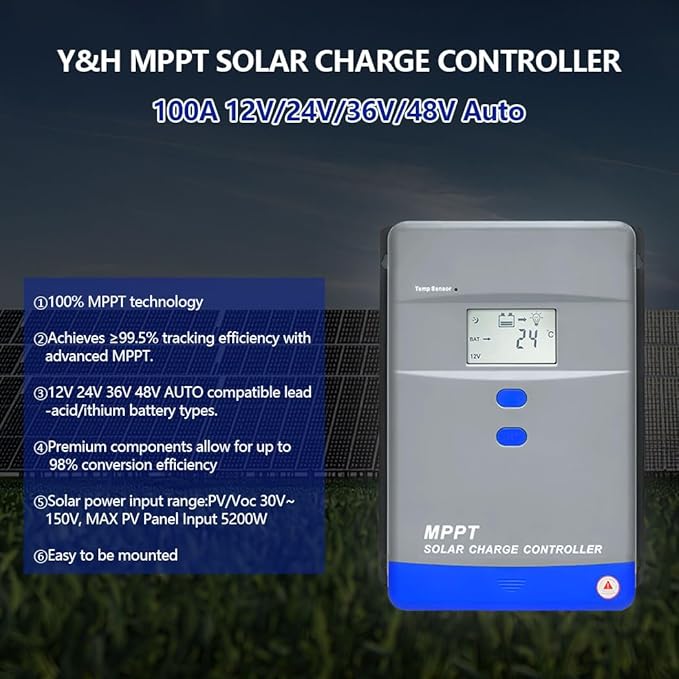 100A MPPT Solar Charge Controller 12V/24V/36V/48V Auto Battery Regulator LCD DisplayMAX PV Panel Input 5200W for AGM Gel Flooded and Lithium Battery Charging High-Efficiency Energy Conversion