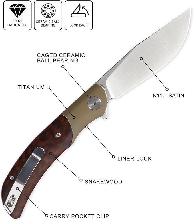 Petrified fish PFP09 Hourglass Folding Knife3.54 K110 Steel Satin Blade 3.88oz Titanium and Snakewood Handle Pocket knife for Camping Outdoor EDC (Snakewood Satin)