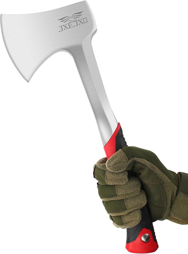 JXE JXO 14.4 Camping Hatchet with Full Tang Forged Construction &amp Ergonomic Shock Absorbing Grip Hatchet Axe with Nylon Sheath (Red