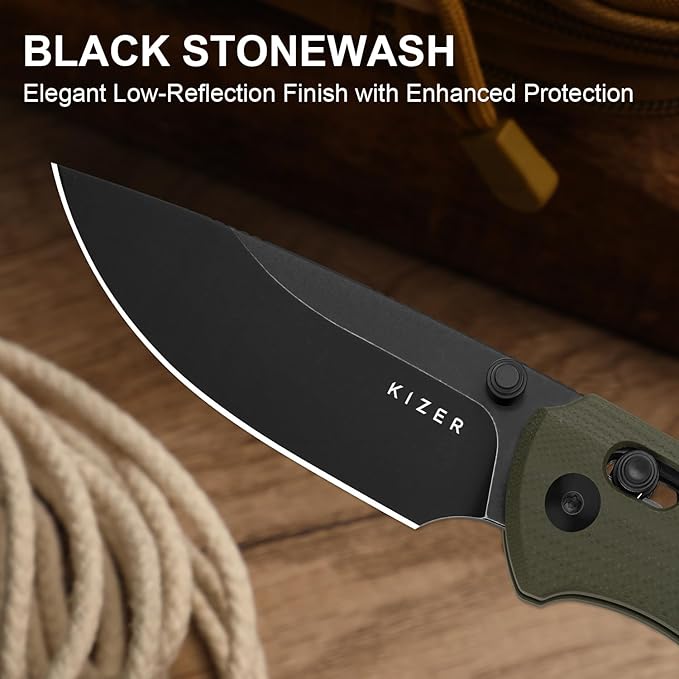 Kizer T1 CD EDC Pocket Knife 3.2 D2 Steel Drop Point Folding Knives with Olive Green G10 Handle Sided Thumb Studs Opener Clutch Lock for Camping Hiking Fishing V3490.2CM1
