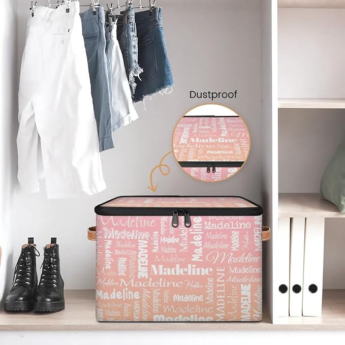 Custom Storage Basket with Name Personalized Keepsake Box with Zipper Lid Foldable Fabric Memory Bin Large capacity with Handle Pink Orange