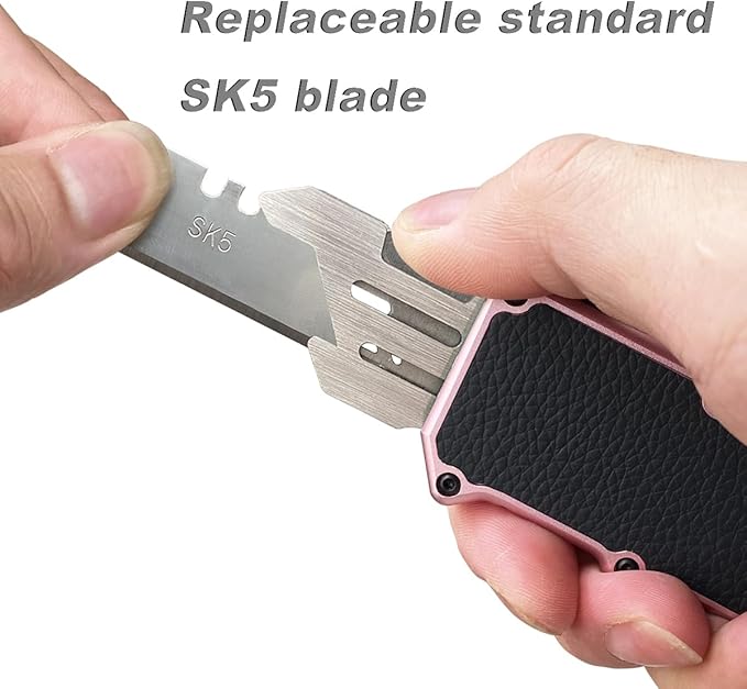 Caressolove Automatic Utility Knife Razor Blades Pocket Knife Box Cutters Retractable Heavy Duty Premium Safety Push Button Knife with 5PCS Blades (Rose gold)