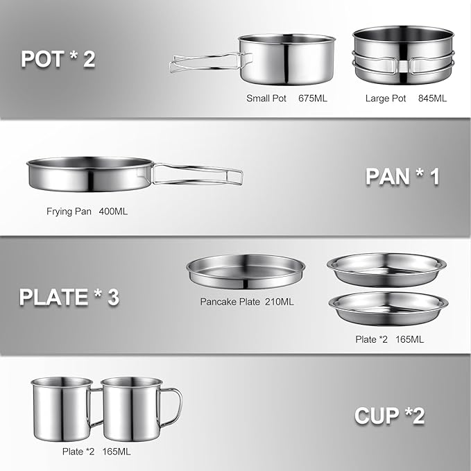 Stainless Steel Camping Cookware Mess Kit - Portable Backpacking Cooking Set with Pot/Plates/Cups &amp Storage Bag Outdoor Cookware for Hiking Picnic Camping &amp Backpacking Adventures（8PCS）