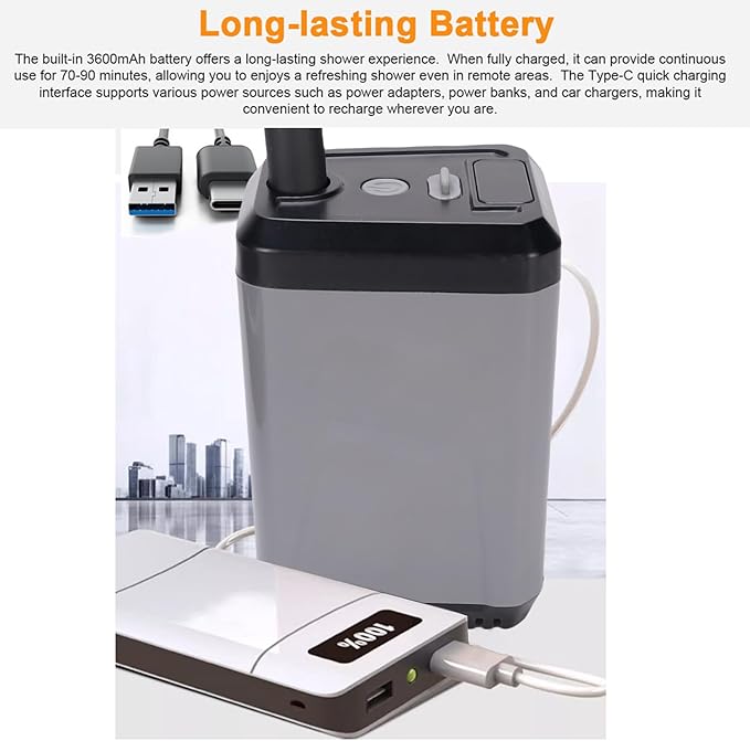 Irfora Portable Camping Shower Electric Pump Battery Powered USB Rechargeable Shower with Display Screen (Grey)