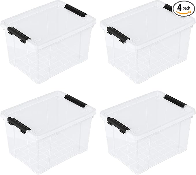 23 L Clear Latch Storage Bins with Wheels 4 Pack Plastic Latch Storage Box with Lids