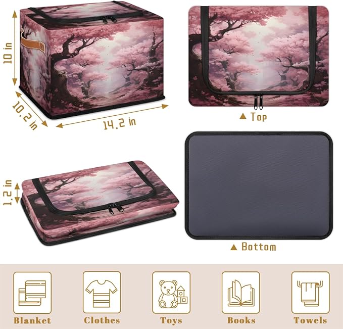 KOBLEN Pink Cherry Blossoms Storage Basket Collapsible Rectangular Storage Bins with Zipper Lid Handle Closet Shelf Cloth Organizer Basket for Nursery Bedroom Clothes Toy