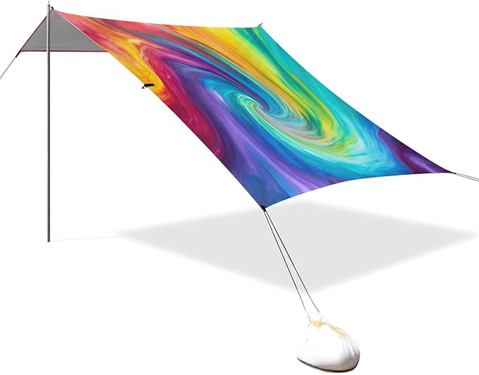 Tie Dye Beach Tent Sun Shelter 9.2' x 10.5' Beach Canopy with 4 Sandbags 4 Stability Poles Sand Shovels - Tent Canopy for Beach Camping Fishing Picnics