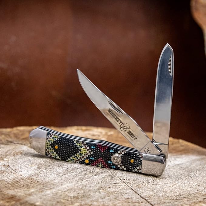 WHISKEY BENT HAT CO. Traditional Trapper Folding Pocket Knife 4.125 Closed Length 440C Stainless Steel Blades (Black Diamond Bead)