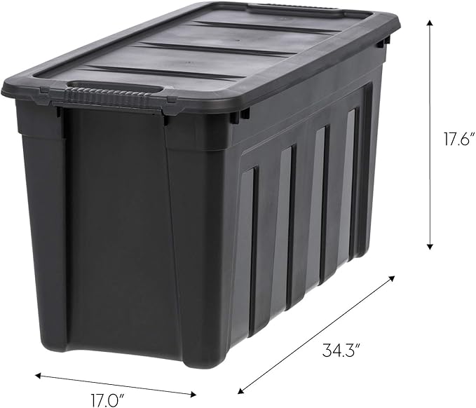 IRIS USA 31 Gallon Heavy Duty Storage Totes with Easy-Grip Handles 4 Pack - Large Bins with Lids Garage Organizing Tubs Durable Stackable Utility Containers Made in USA - Black