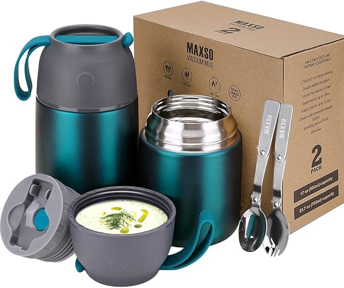 MAXSO 2 Pack Soup Thermo for Hot &amp Cold Food for Kids Adults Vacuum Insulated Food Jar Thermal Lunch Containers Travel Food Flask with Spoon (24 oz17 oz) (Matte Green)