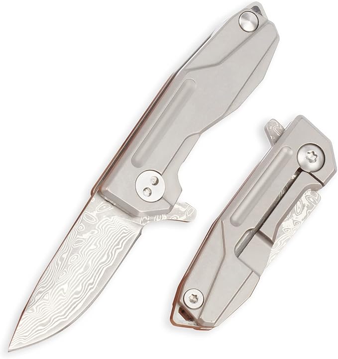 Samior HY002 Ultra Small Little Folding Pocket Flipper Knife 1.3” VG10 Damascus Blade Gray Titanium Handle Frame Lock Mini EDC Keychain Necklace Knives 0.9oz