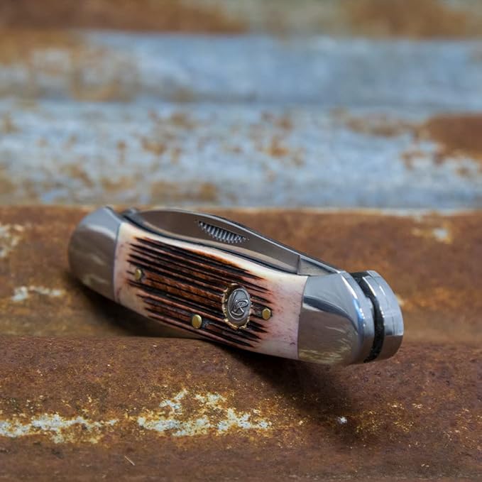 WHISKEY BENT HAT CO. Traditional Canoe Folding Knife 3.63 Closed Length 440C Stainless Steel Blades (Black Cherry Bone)